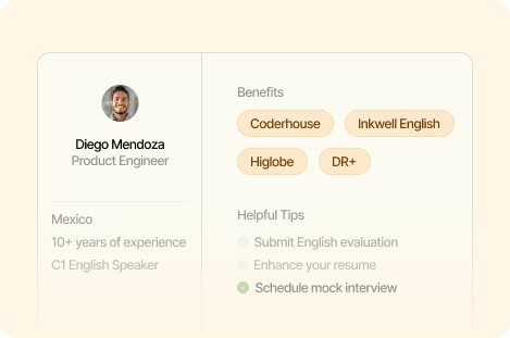 Card showing a candidate profile, benfits card and support options