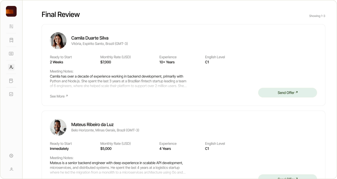 Screenshot of application, this is the hire page, where the companies can see choose who will be hired